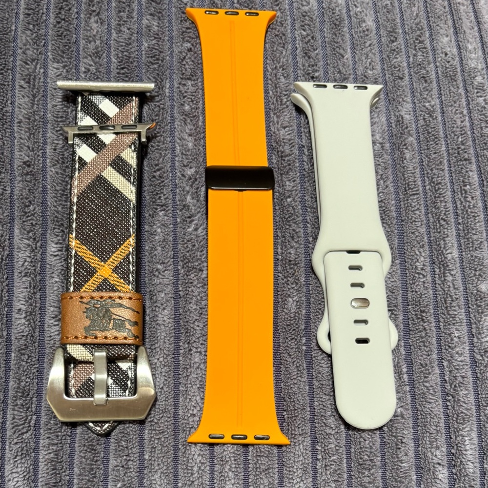 Set of Three Watch Bands - Plaid, Orange, and White (fits iwatch 38-40)